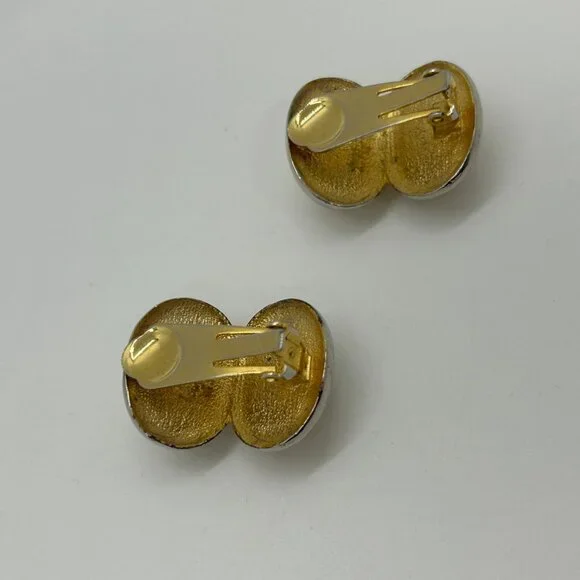 Vintage Gold Tone Double Faux Pearl Clip-On Earrings Retro 80s Statement Cabocho - Picture 6 of 13